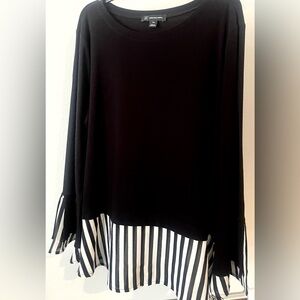 NWT INC Black Long Sleeve Blouse With Sheer Black & White Striped Trim. Sz PXL